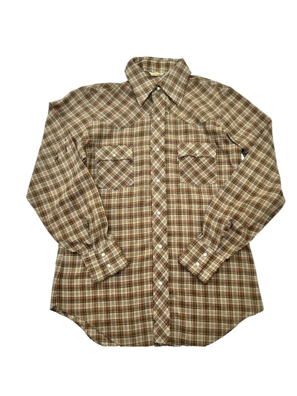 Vintage Levis Pearl Snap Button Brown Plaid Western Shirt Men’s Size Medium READ